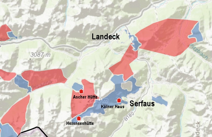 In Tirol droht Erschlie%EF%BF%BDungswelle / rot: neue Erschlie%EF%BF%BDungen / blau: vorhandene Skigebiete