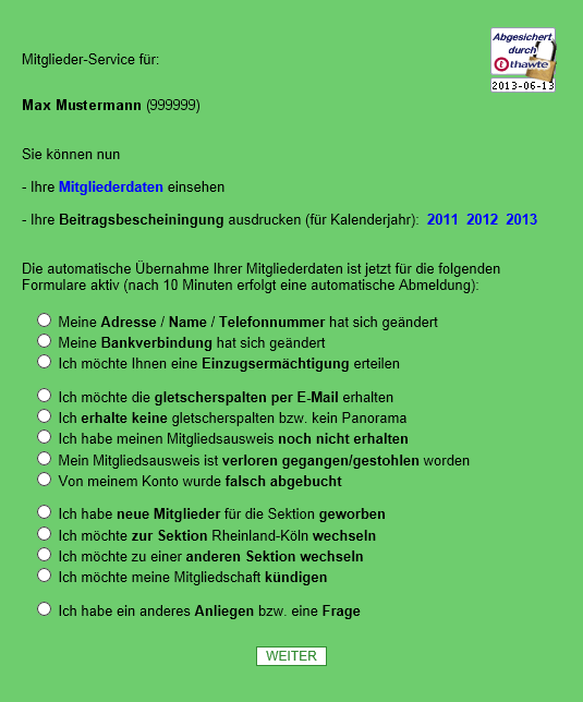 Mitglieder-Service mit Mitglieder-Passwort