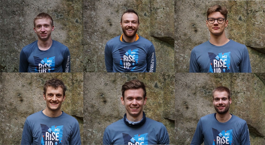 Der neue DAV Alpinkader NRW (im Uhrzeigersinn von links oben): Tim Fehler (Siegerland), Lukas Hettler (Lippe Detmold), Tillmann H%C3%BCsch (Bonn), Benedikt Lindner (Hochsauerland), Ren%C3%A9 Dominik (Bonn), Matthias Mimberg (Siegerland) - Foto Nicolas Altmaier