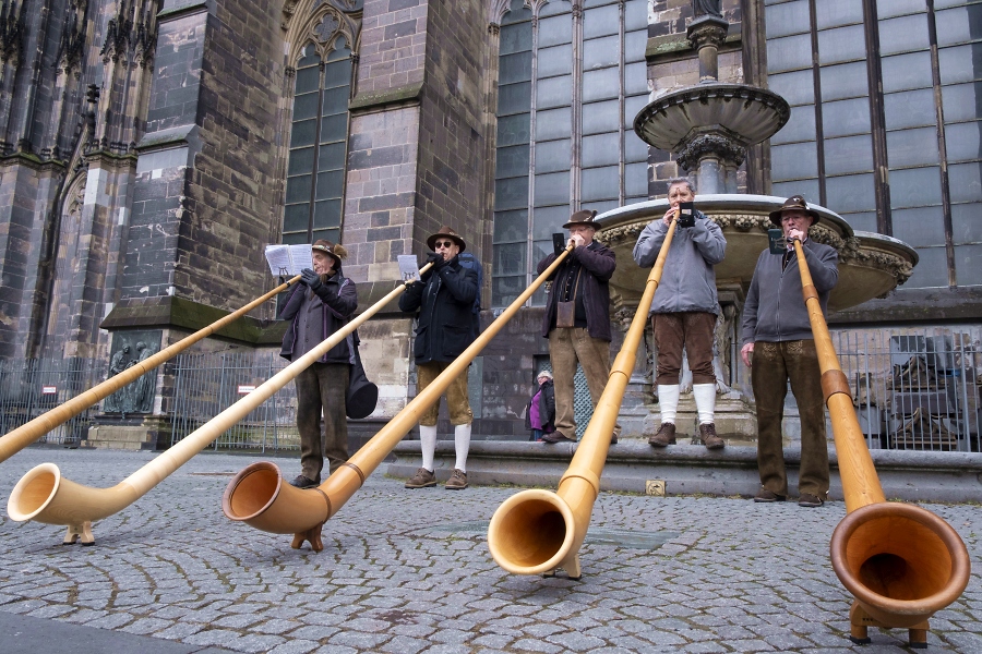 Die Alprheiner spielen am Petrusbrunnen auf / Foto: Simone Szymanski