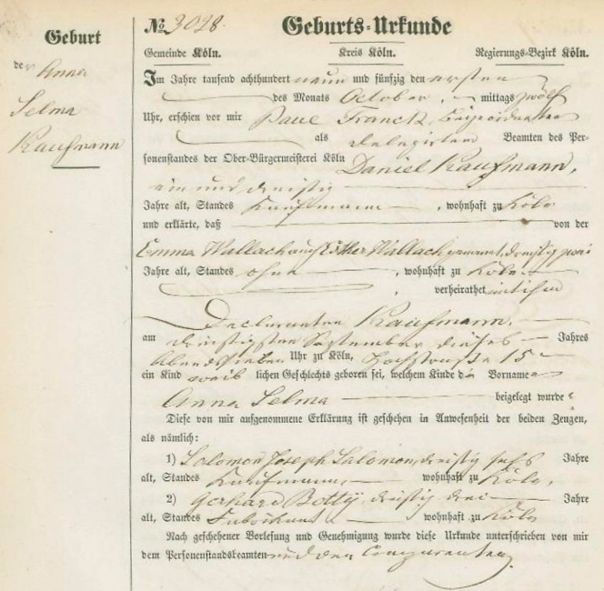 Geburtsurkunde von Anna Selma Kaufmann / Quelle: Historisches Archiv K%C3%B6ln